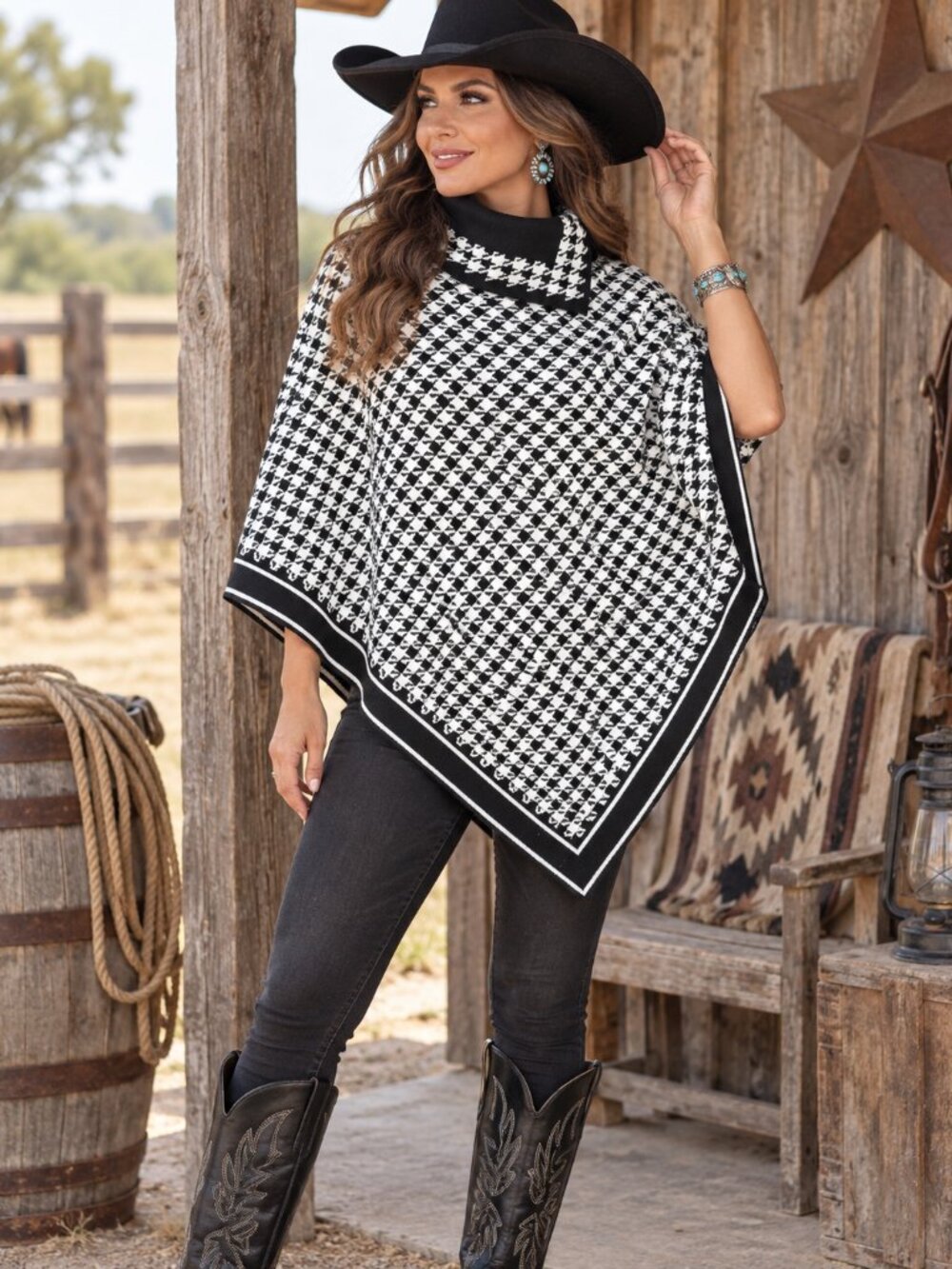 Houndstooth Turtleneck Knit Poncho